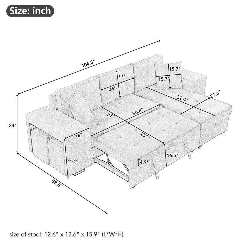 Modern L-Shape 3 Seat Reversible Sectional Couch, Pull Out Sleeper Sofa With Storage Chaise And 2 Stools For Living Room Furniture Set by HouseOfZazla