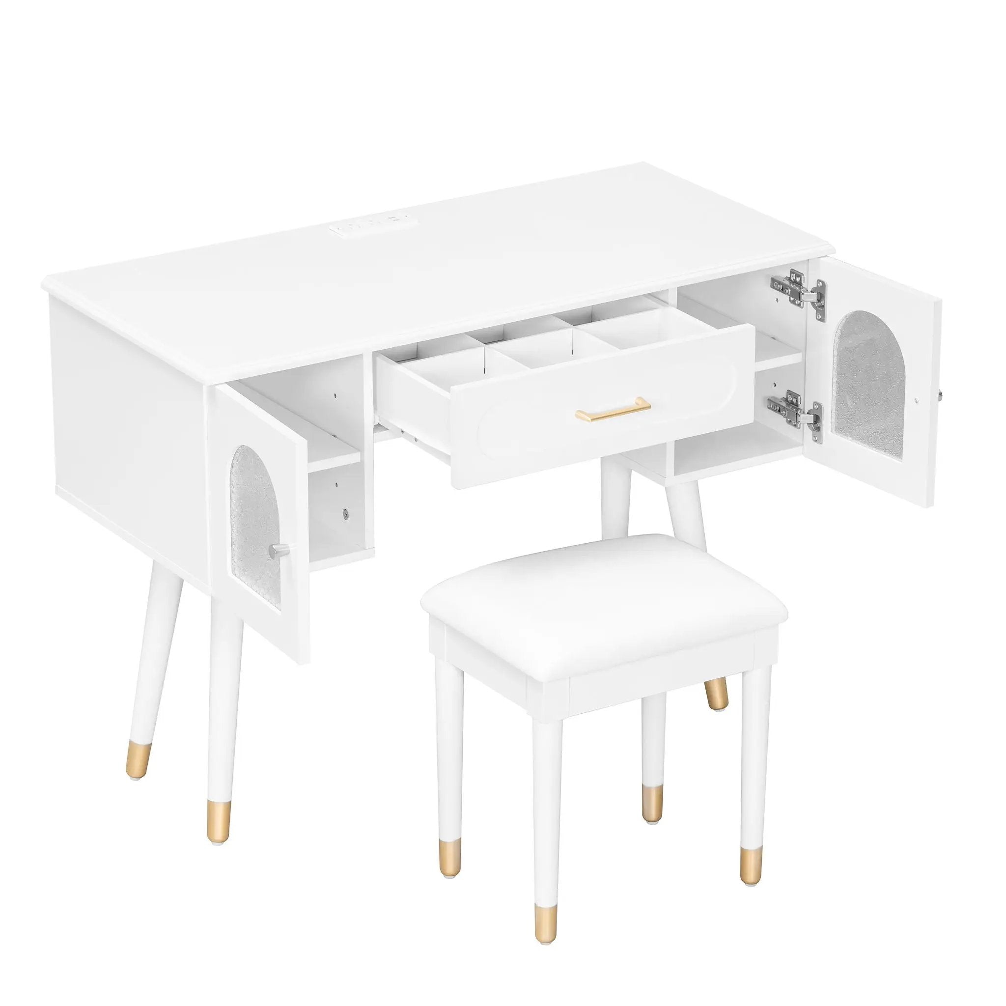 Elegant Vanity Makeup Table & Chair Set Modern Dressing Table With Organizer Writing Desk Charging Port Engineered Wood - White by HouseOfZazla