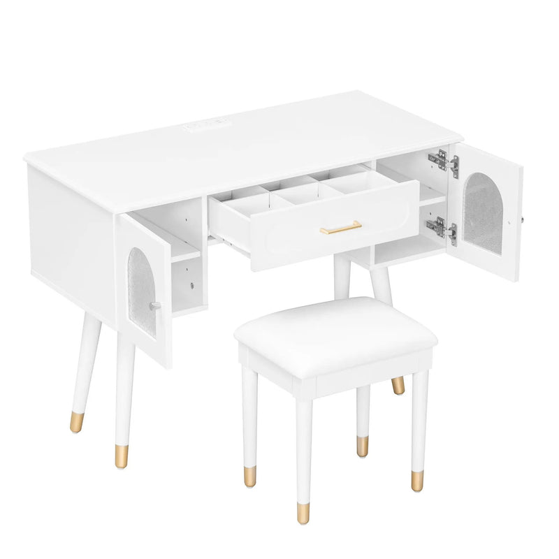 Elegant Vanity Makeup Table & Chair Set Modern Dressing Table With Organizer Writing Desk Charging Port Engineered Wood - White by HouseOfZazla