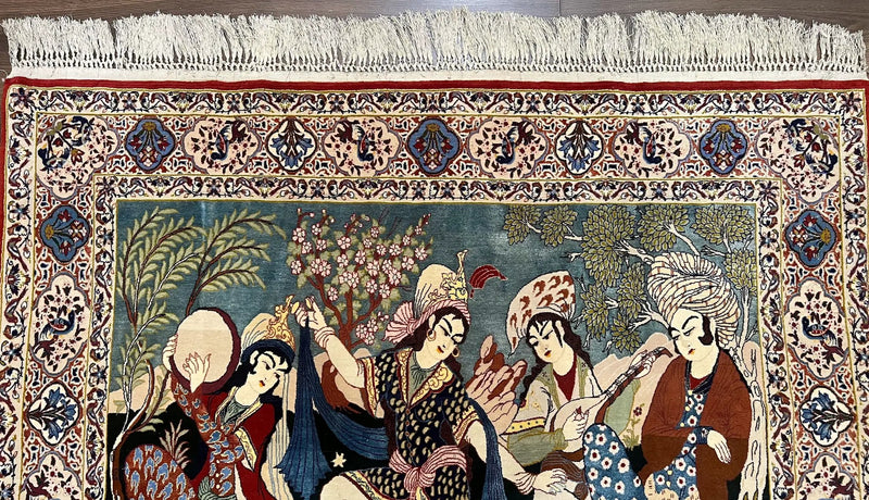 Persian Pictorial Rug 5 x 4 ft, Persian Isfahan Rug, Kork Wool on Silk Foundation, Signature from Master Weaver, Drums and Musical Instruments, Birds, Detailed by Jewel Rugs