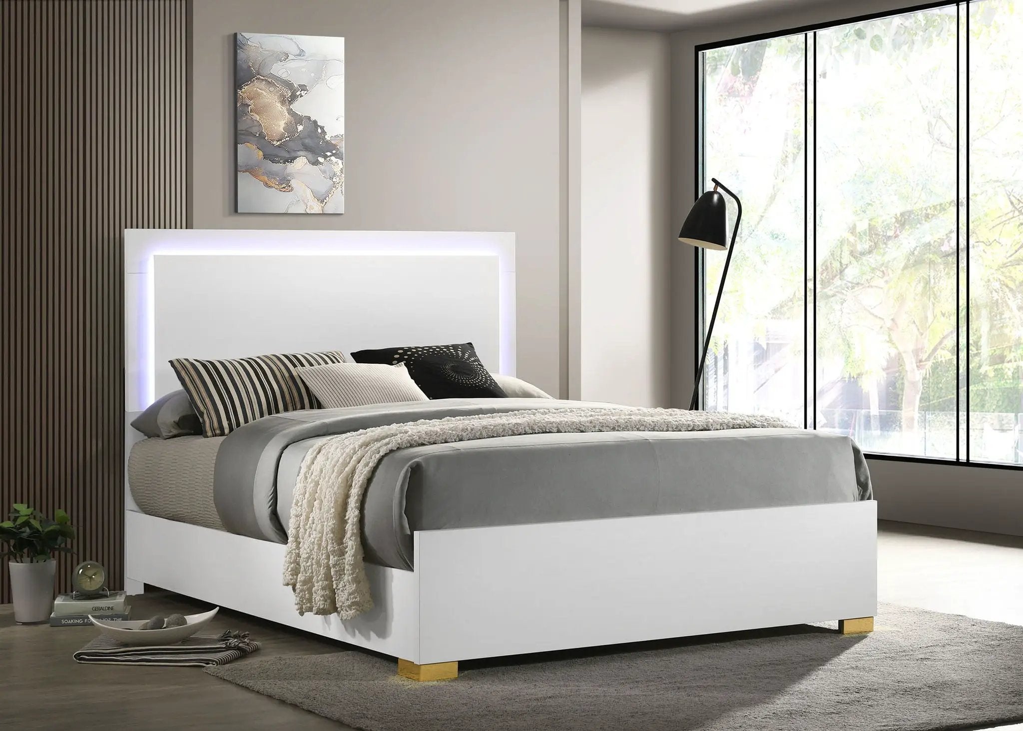Marceline Wood Eastern King LED Panel Bed White by Unique Piece Furniture