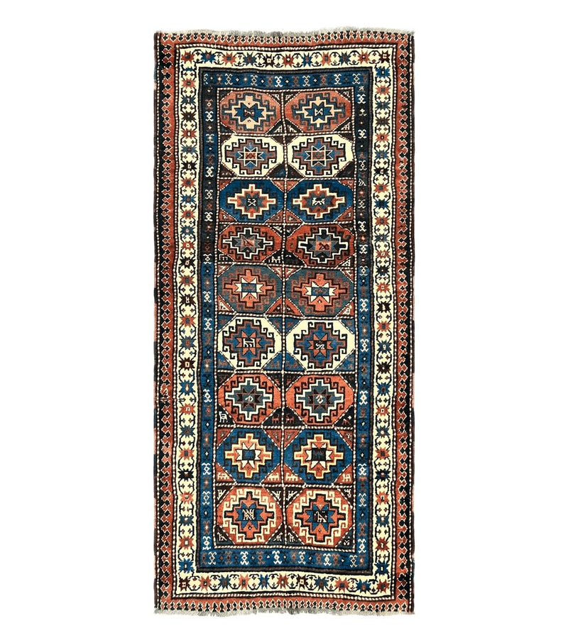 Antique Caucasian Kazak Runner Rug 4 x 9.5, Handmade Wool Rug for Hallway, Rare Colorful Panel Design Mid 19th Century 1870s Oriental Carpet by Jewel Rugs
