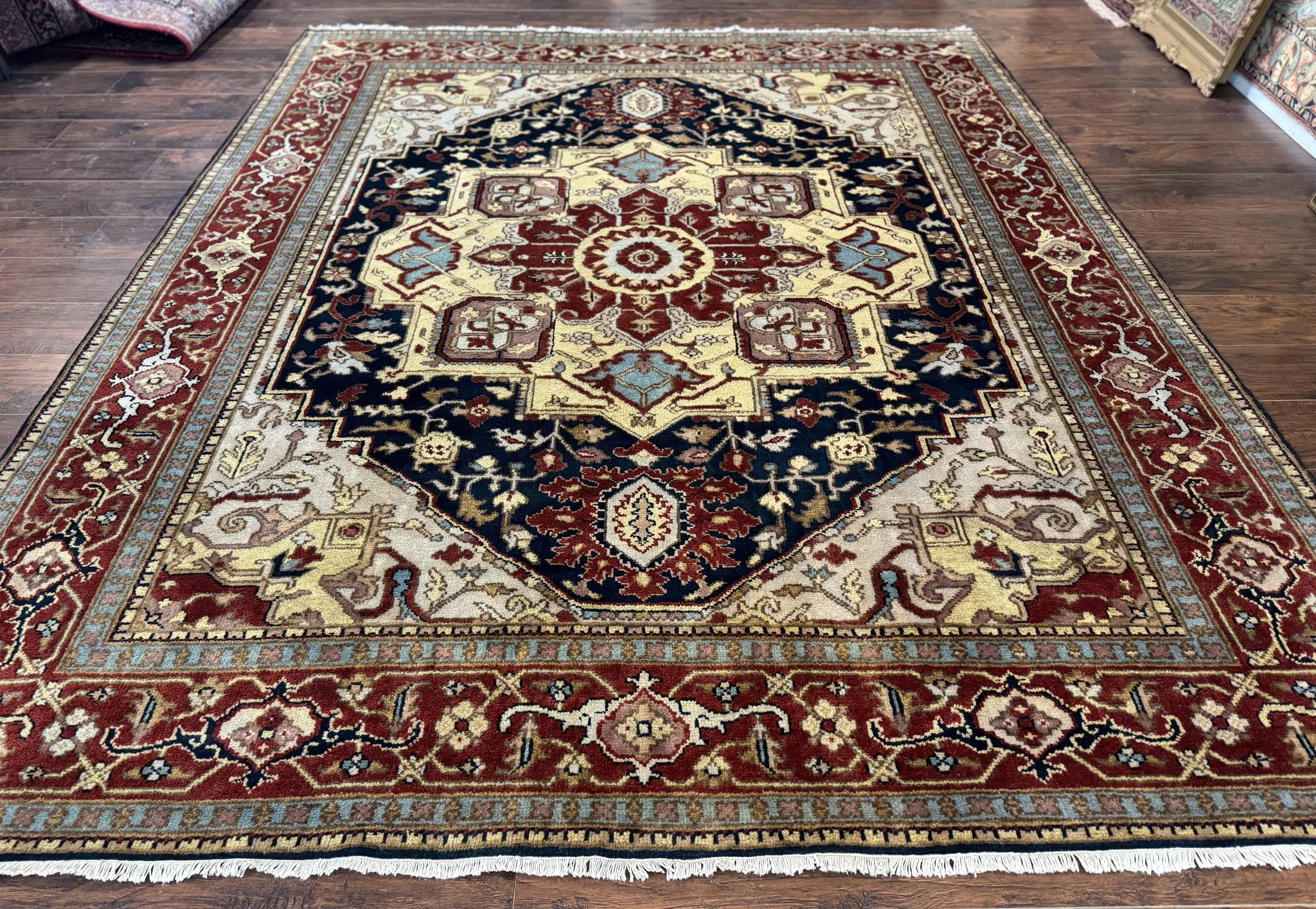 Indo Persian Heriz Rug 8x10, Geometric Medallion, Serapi Carpet, Wool Vintage Rug by Jewel Rugs