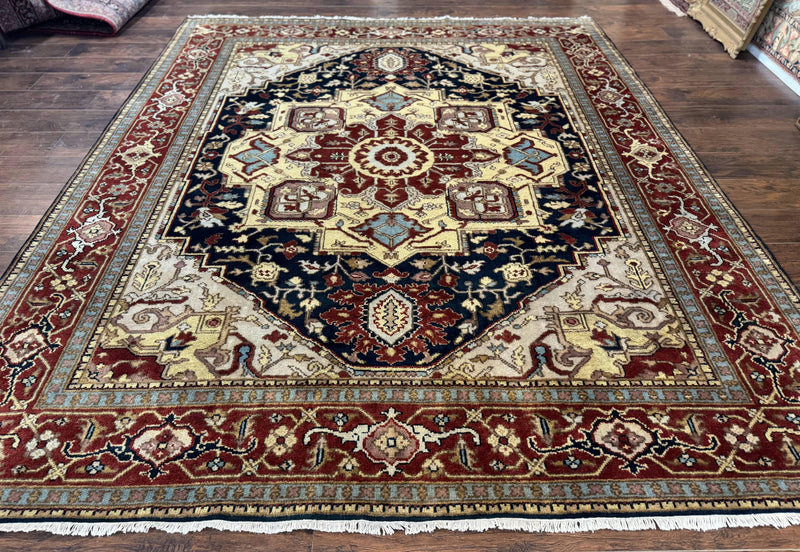 Indo Persian Heriz Rug 8x10, Geometric Medallion, Serapi Carpet, Wool Vintage Rug by Jewel Rugs