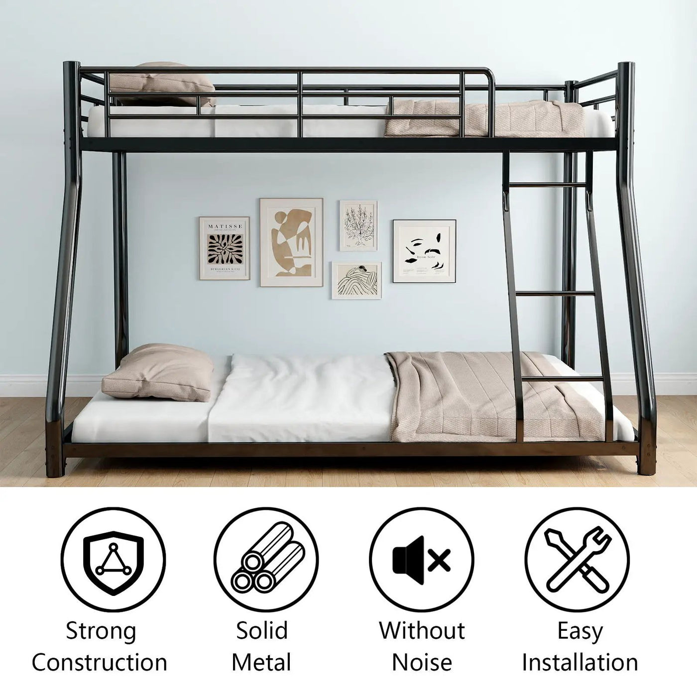 Bunk Bed Frame With Ladder And Guardrail, Heavy Duty Noise Free Design Metal Construction by HouseOfZazla