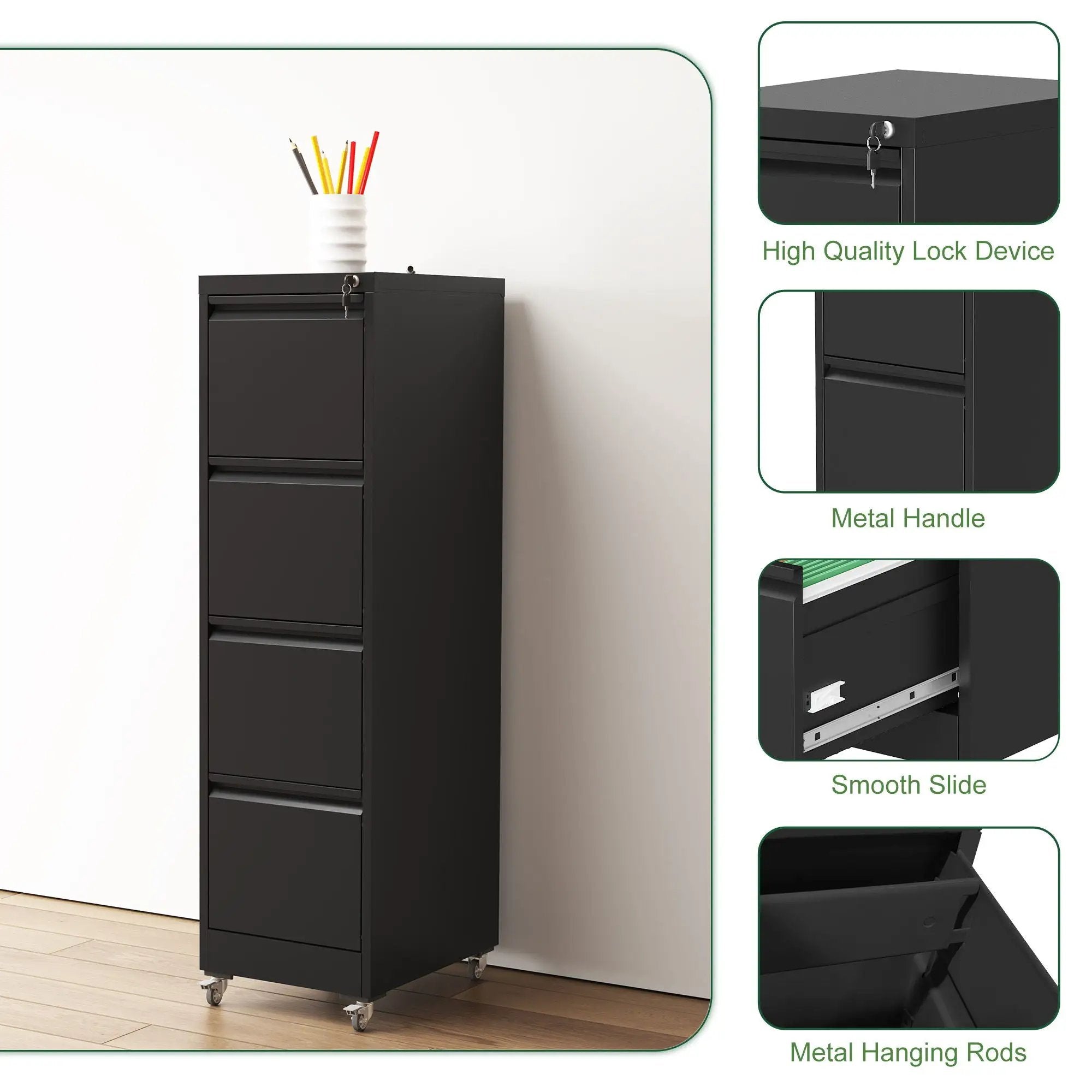 Drawer Metal Locking Vertical File Cabinet With Wheels Heavy Duty Lockable Storage by Unique Piece Furniture