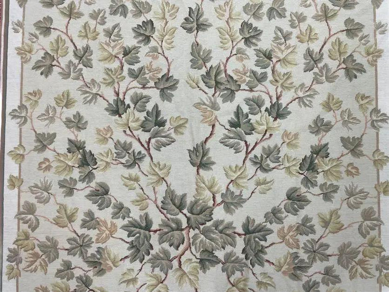 Aubusson Needlepoint Rug 9x12, Flatweave Carpet, Leaves, Wool, New, Handmade by Jewel Rugs