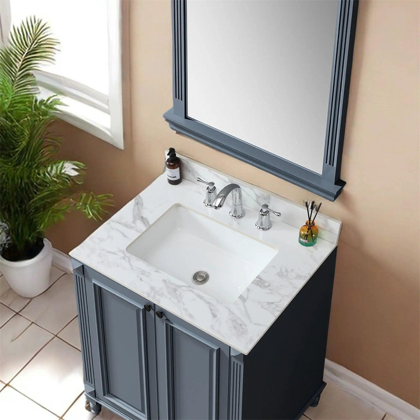Elegant Sintered Stone Bathroom Vanity Top With Rectangular Undermount Ceramic Sink by HouseOfZazla