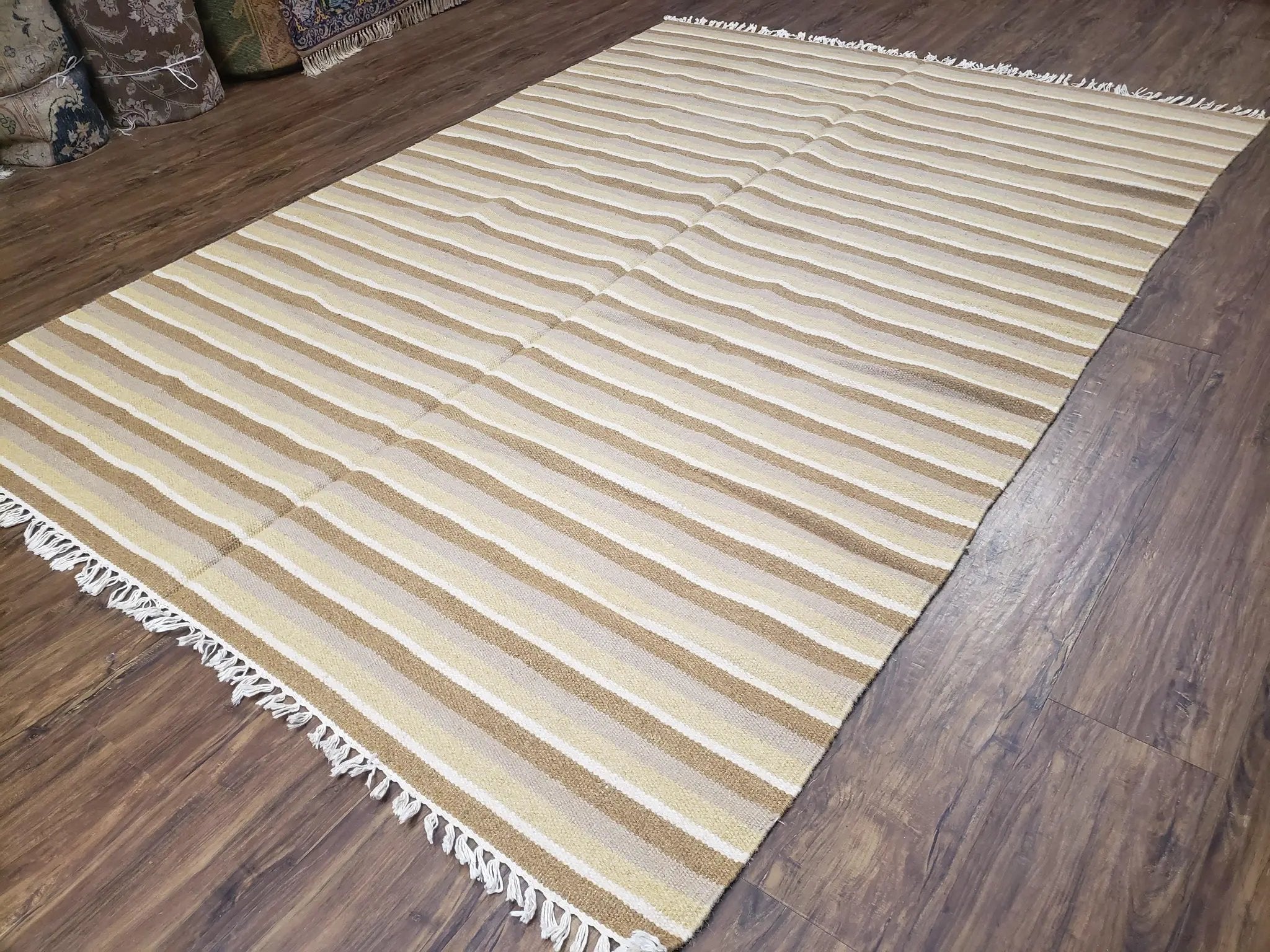 New Indian Striped Blanket, Multicolor Earthern Tones Kilim Rug, Wool Handmade South American Style Blanket, Queen Sized Bedspread 5x8 - 6x8 by Jewel Rugs