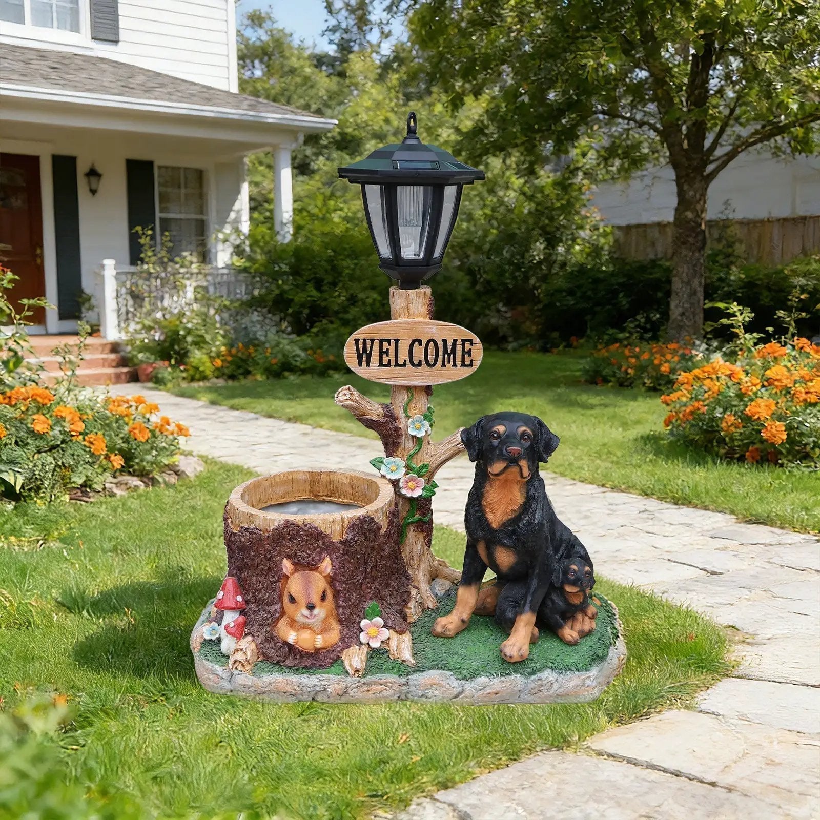 Rottweiler Dog Family Planter Statue by HouseOfZazla