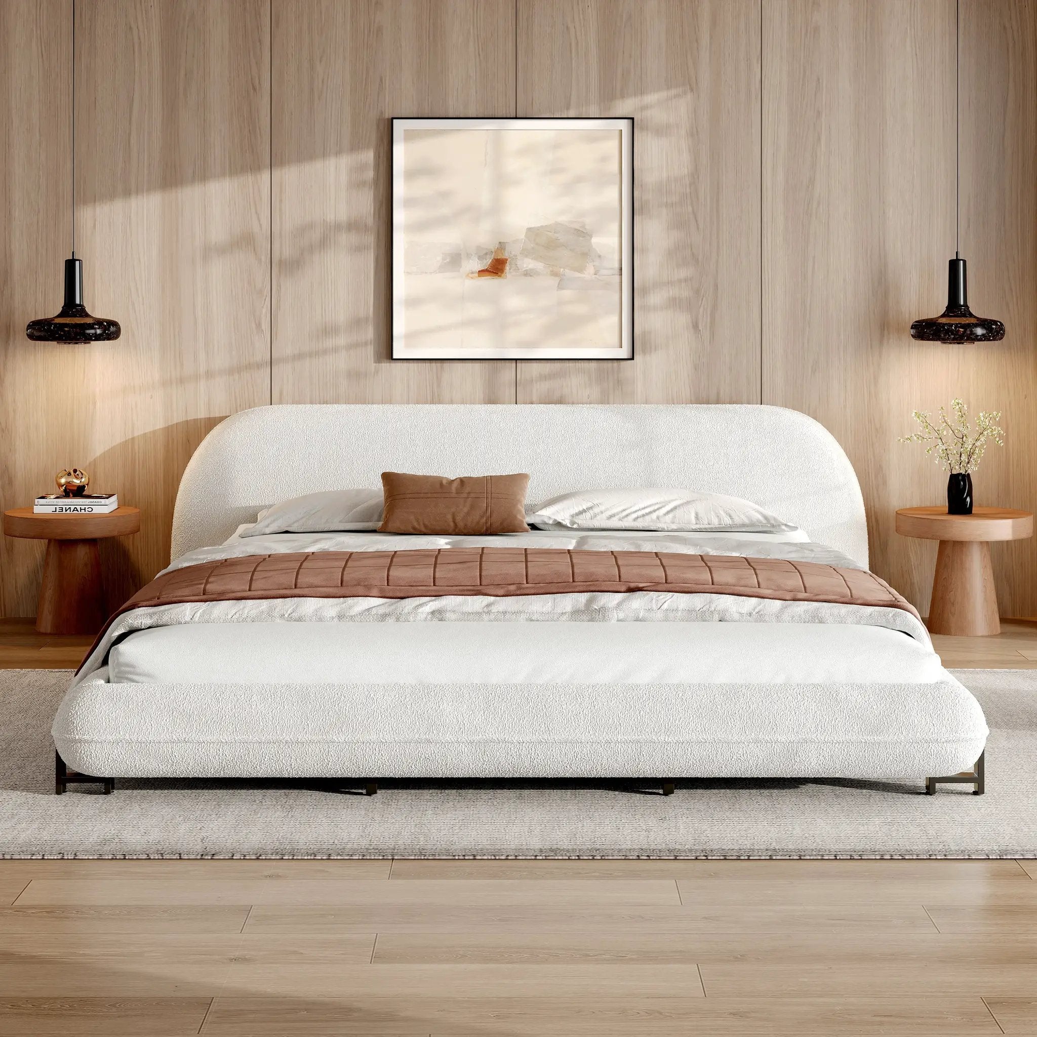 King Size Bed Frame with Boucle Fabric and Thick Headboard by HouseOfZazla