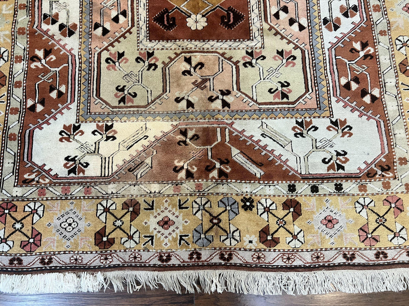 Turkish Rug 7x10, Wool Hand Knotted Vintage Carpet, Geometric Kazak Pattern by Jewel Rugs
