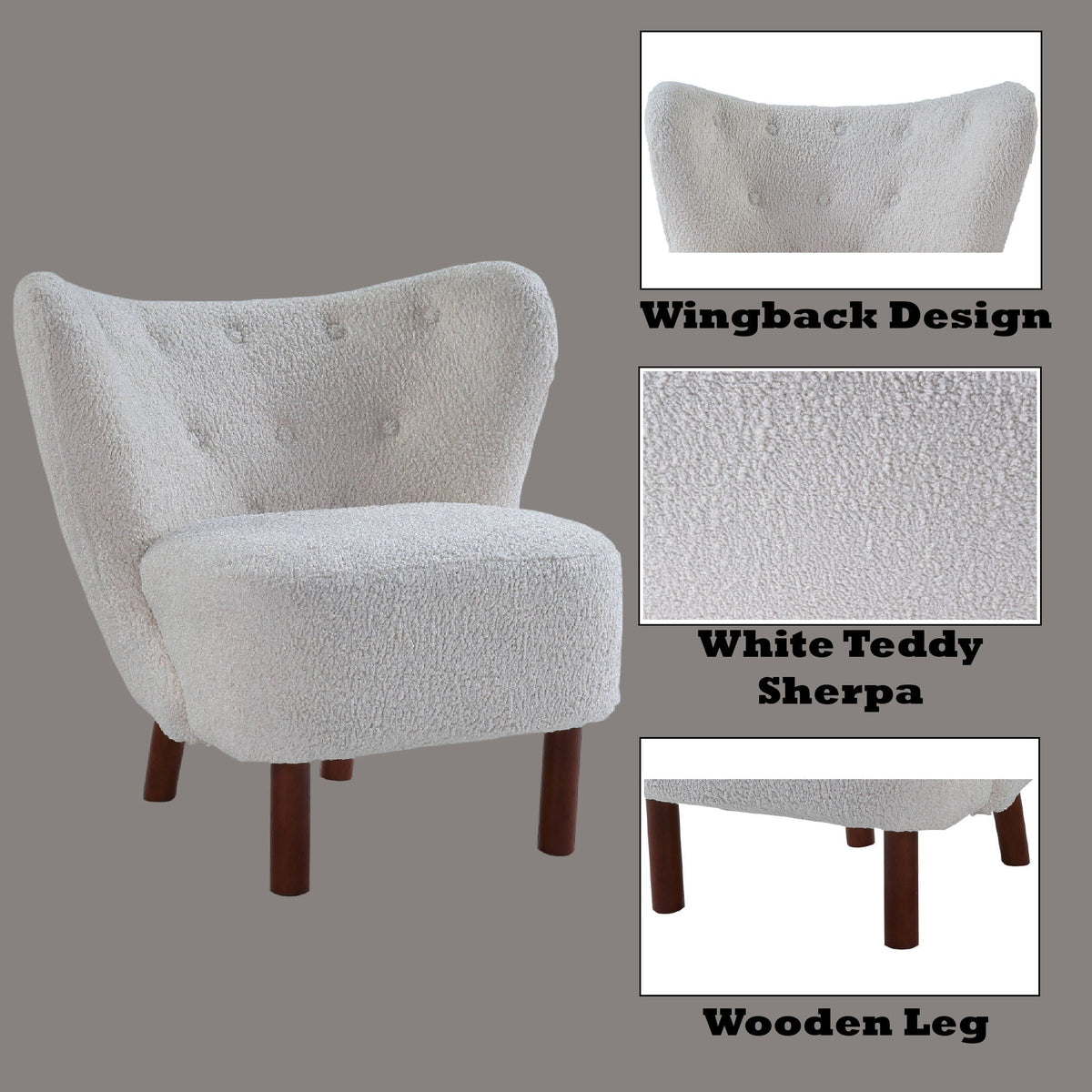 Teddy Sherpa Accent Chair with Plush Upholstery - White, photo 3 of 4