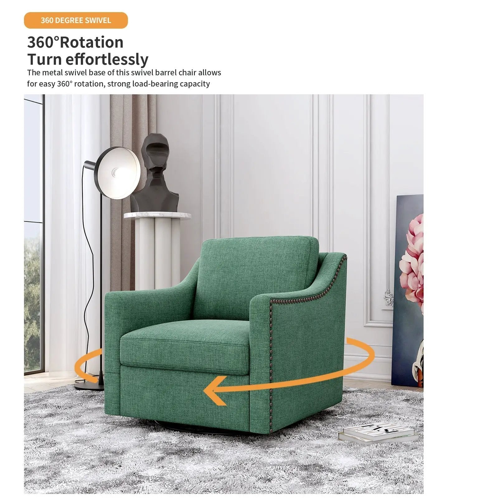 360 Degree Swivel Armchair Cotton Linen Fabric with Brass Nail Detailing by HouseOfZazla