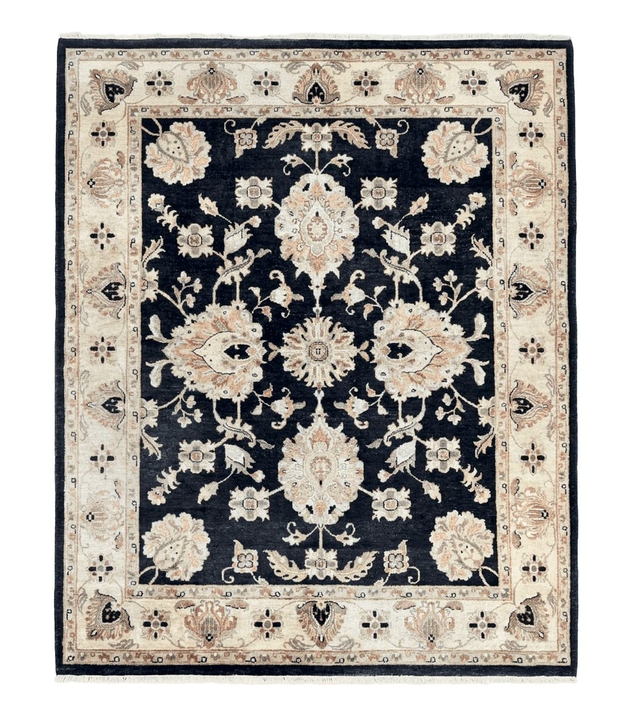 Indo Mahal Rug 8x10, Black and Beige, Vintage Rug 8 x 10 ft, Floral, Handmade Wool Carpet by Jewel Rugs