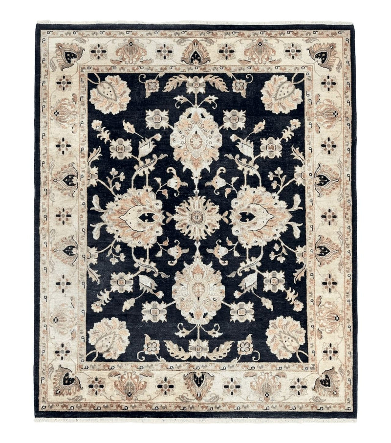 Indo Mahal Rug 8x10, Black and Beige, Vintage Rug 8 x 10 ft, Floral, Handmade Wool Carpet by Jewel Rugs