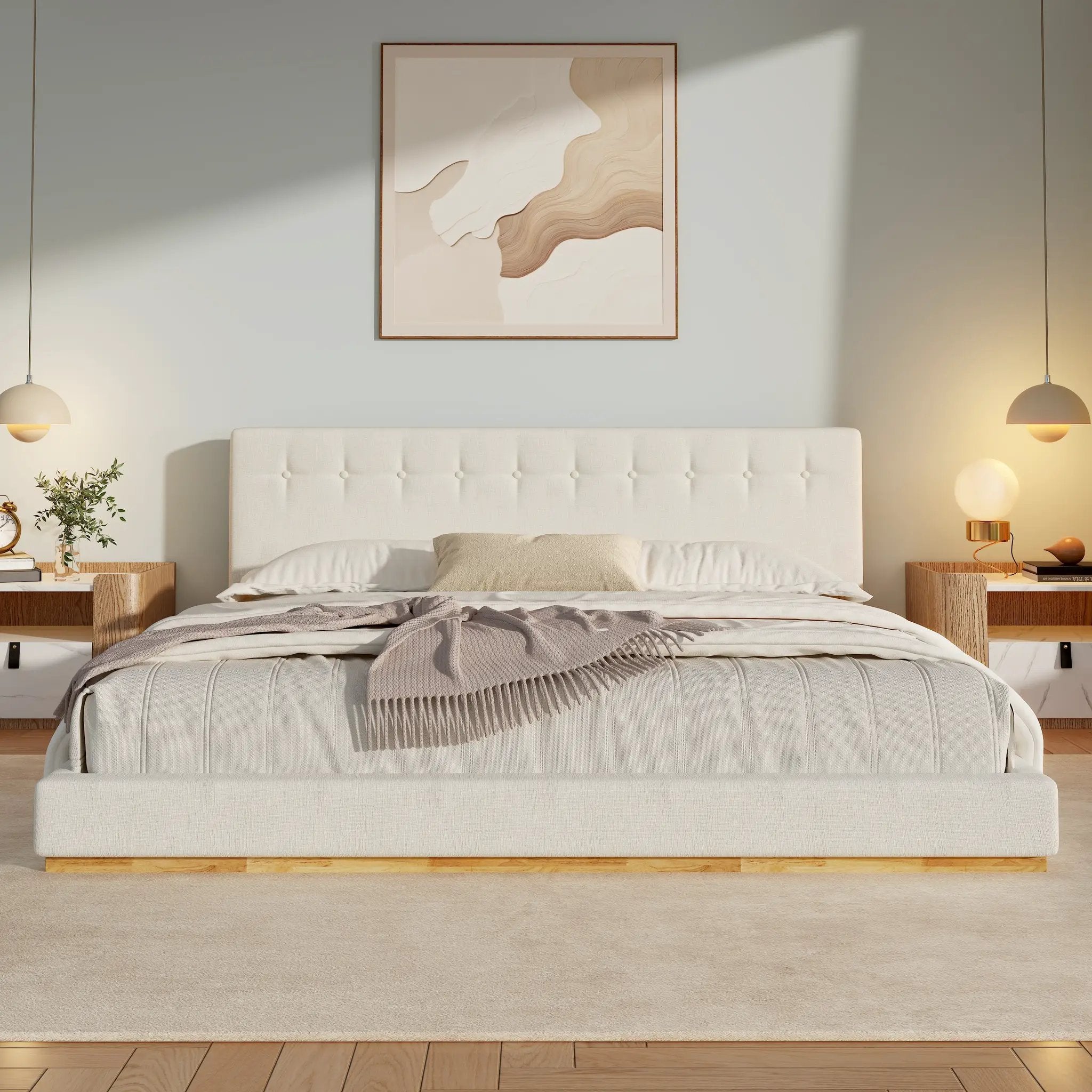 Solid Rubber Wood Platform Bed with Upholstered Headboard by HouseOfZazla