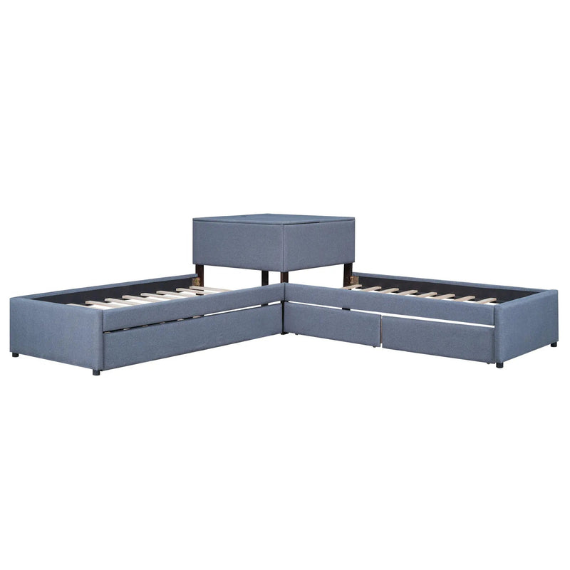 L Shaped Upholstered Platform Bed With Trundle And 2 Drawers Linked With Built In Desk by HouseOfZazla