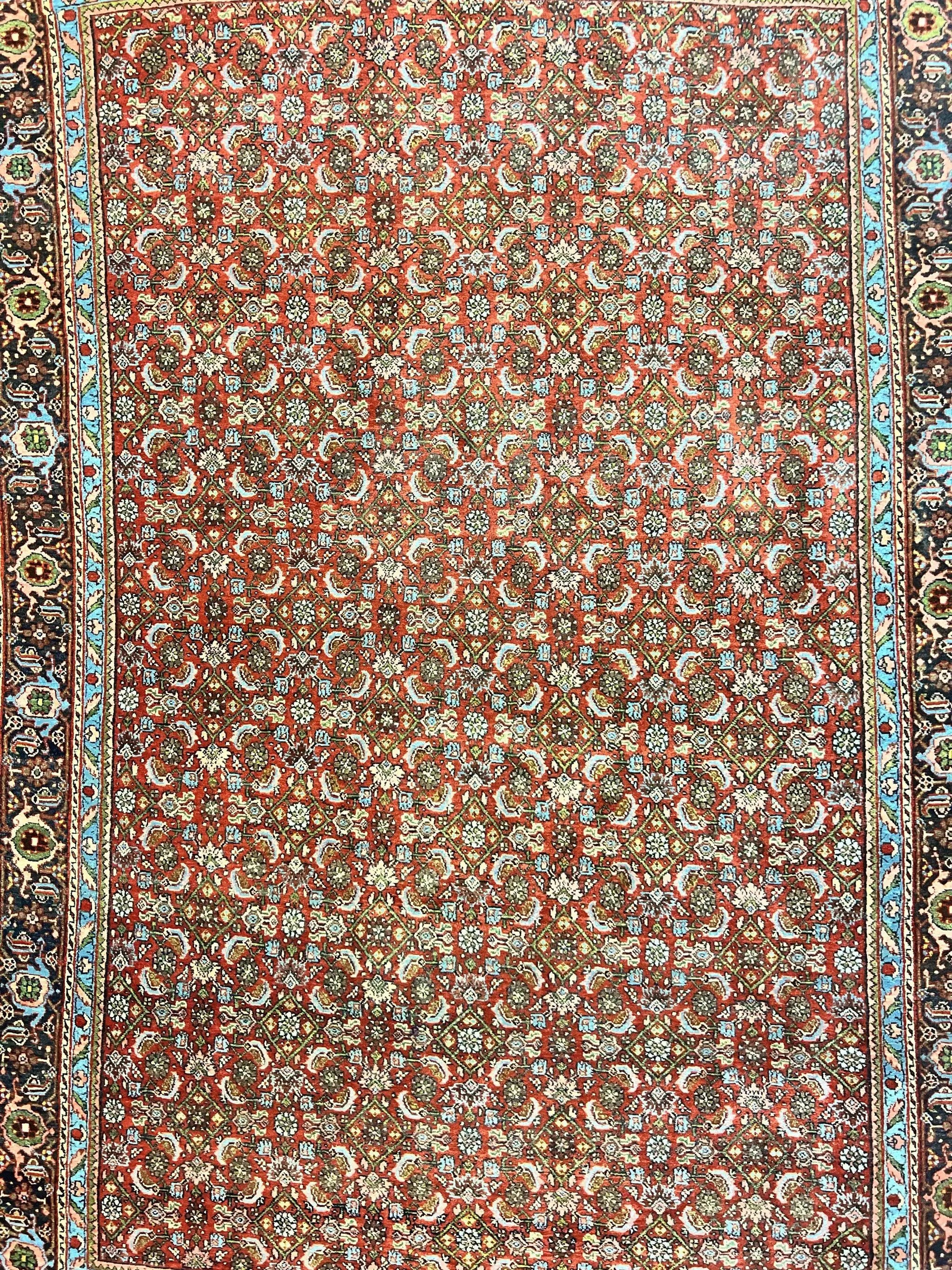 Antique Persian Bidjar Rug 5x7, Repeated Allover Herati Pattern, Red, Handmade Wool Carpet by Jewel Rugs