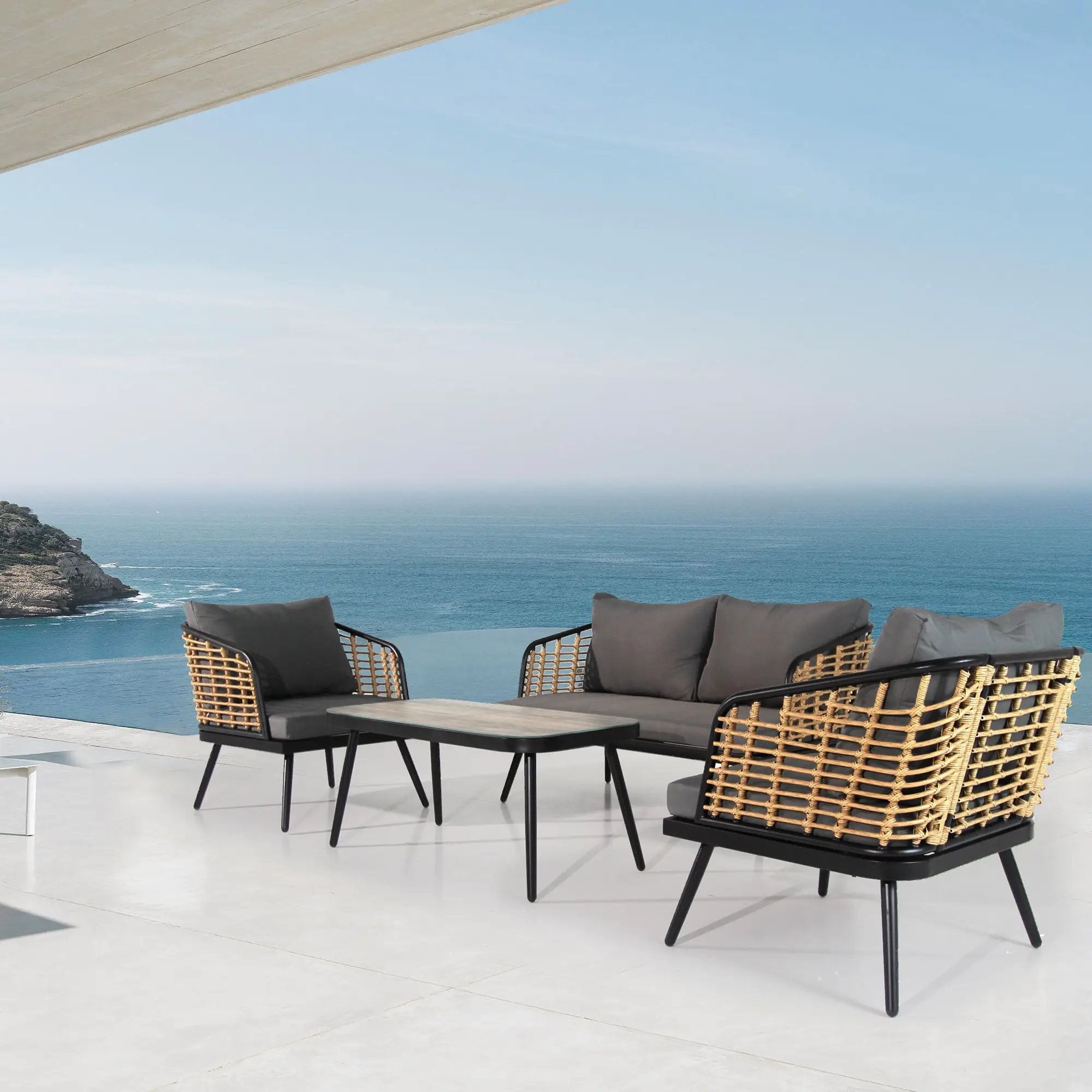 4 Pieces Patio Furniture Set, PE Rattan Wicker With Washable Cushion And Tempered Glass Tabletop, Conversation Furniture For Garden Poolside Balcony by HouseOfZazla