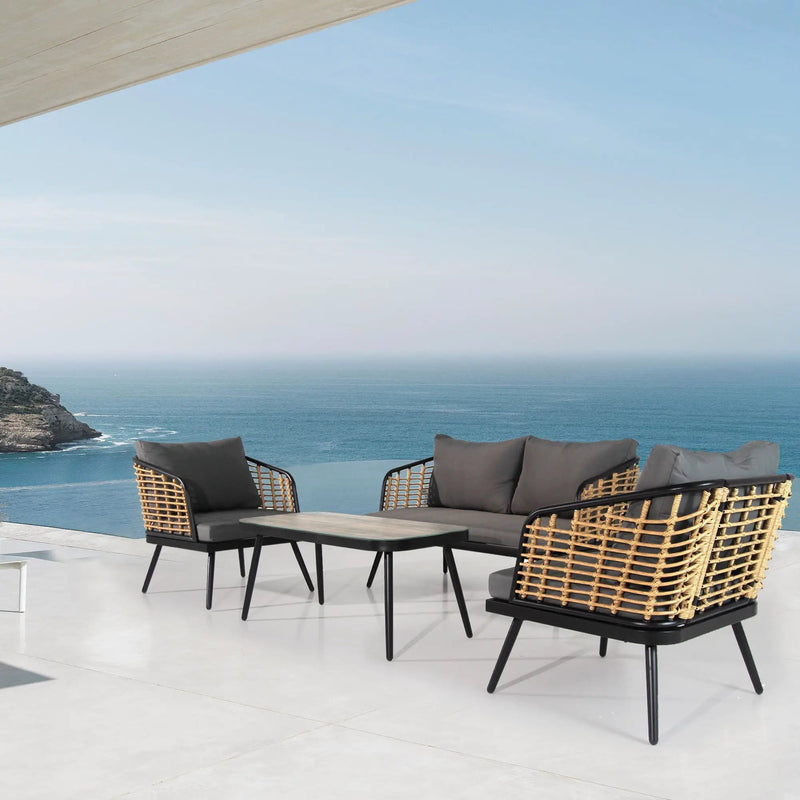 4 Pieces Patio Furniture Set, PE Rattan Wicker With Washable Cushion And Tempered Glass Tabletop, Conversation Furniture For Garden Poolside Balcony by HouseOfZazla