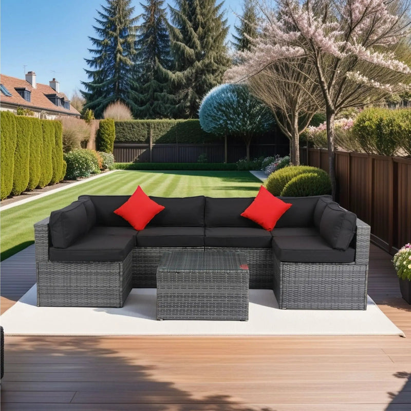 5 Pieces Rattan Sectional Outdoor Furniture Cushioned U Sof Set With 2 Pillow - Gray / Black by Unique Piece Furniture