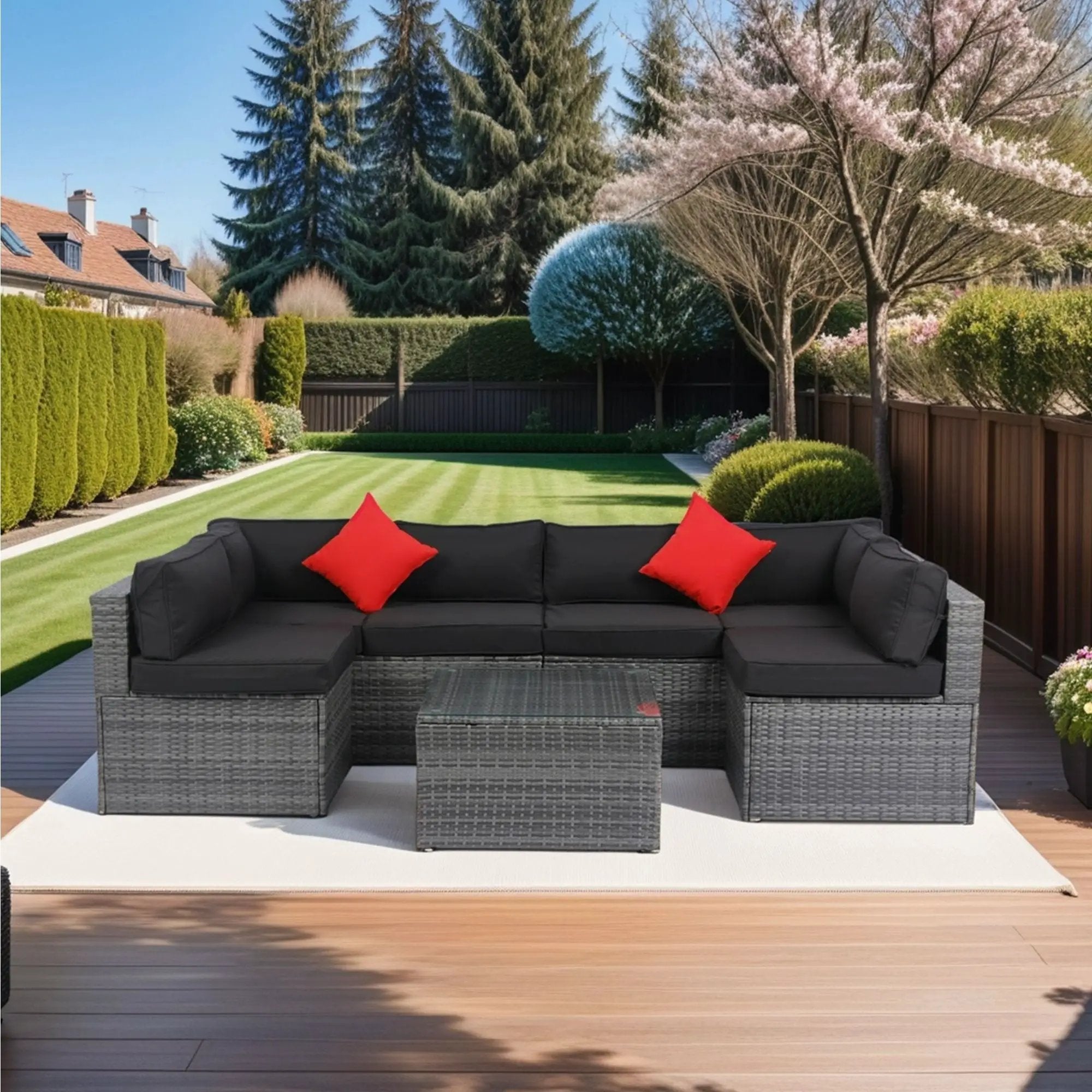 5 Pieces Rattan Sectional Outdoor Furniture Cushioned U Sof Set With 2 Pillow - Gray / Black by HouseOfZazla