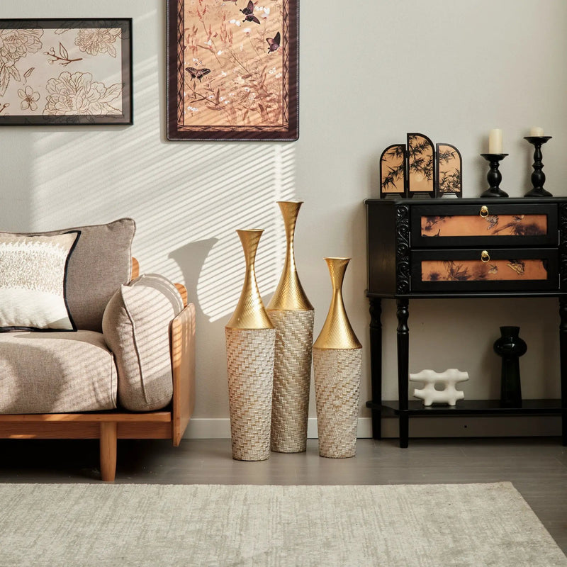 Floor Metal Vase Modern Style Decoration Home Woven Pattern Metal Vase 3 Piece Set Gorgeous Home Decoration Large Glazed Metal Vase - Champagne by HouseOfZazla