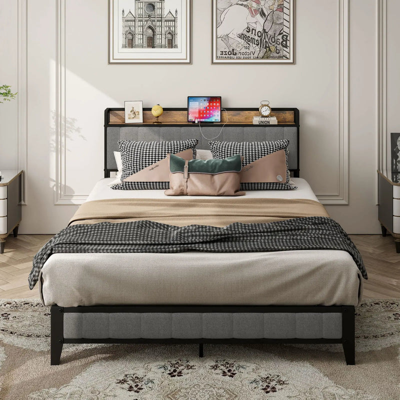 Bed With Charging Station, American Design Upholstered Headboard, Metal Platform by Unique Piece Furniture