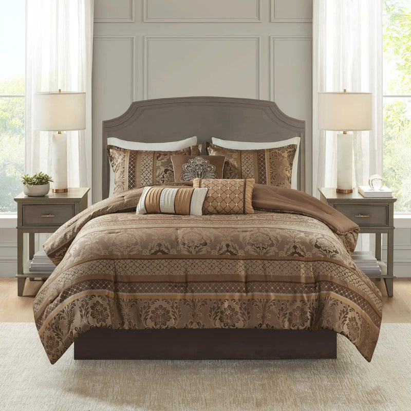 7 Piece Jacquard Comforter Set - Brown/Gold King by HouseOfZazla