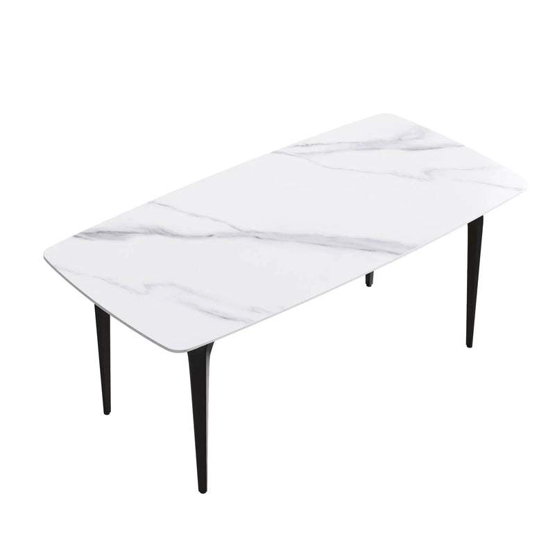 70.87" Modern Artificial Stone Curved Black Metal Leg Dining Table, Can Accommodate 6-8 People - White / Black by HouseOfZazla