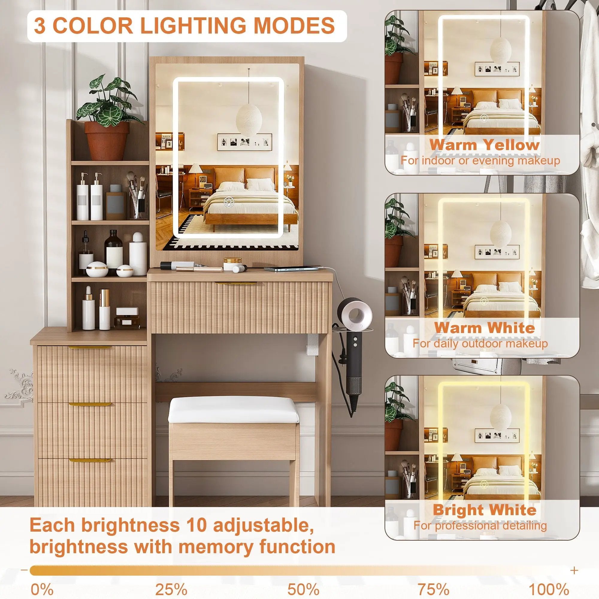 Modern Vanity Desk With 3 LED Lighting Modes, 4 Drawers by HouseOfZazla