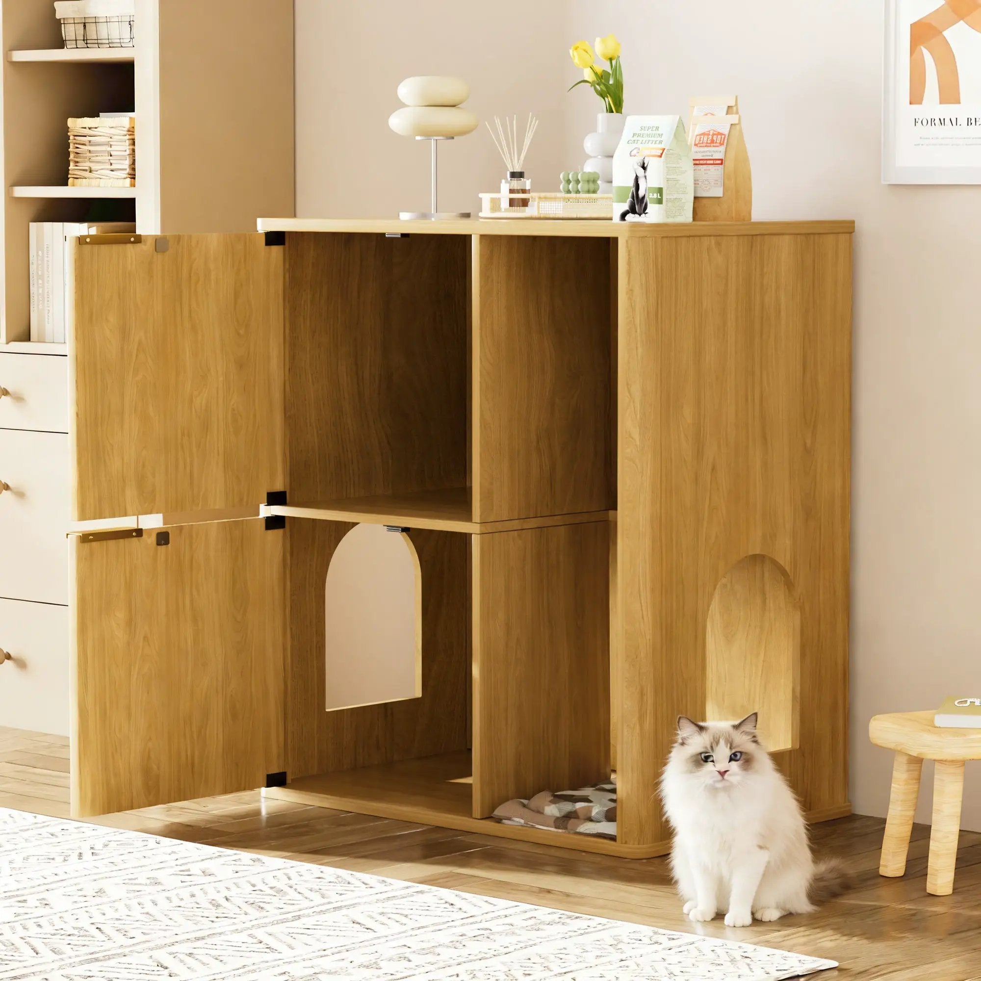 31.5-inch Light Wood Cat Litter Cabinet with Cat Tree by HouseOfZazla