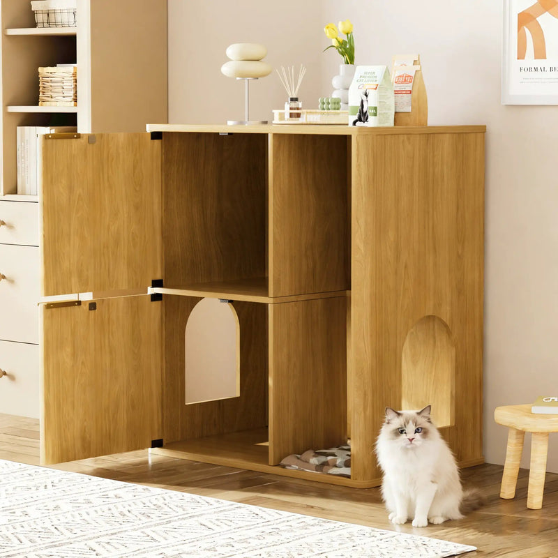 31.5-inch Light Wood Cat Litter Cabinet with Cat Tree by HouseOfZazla