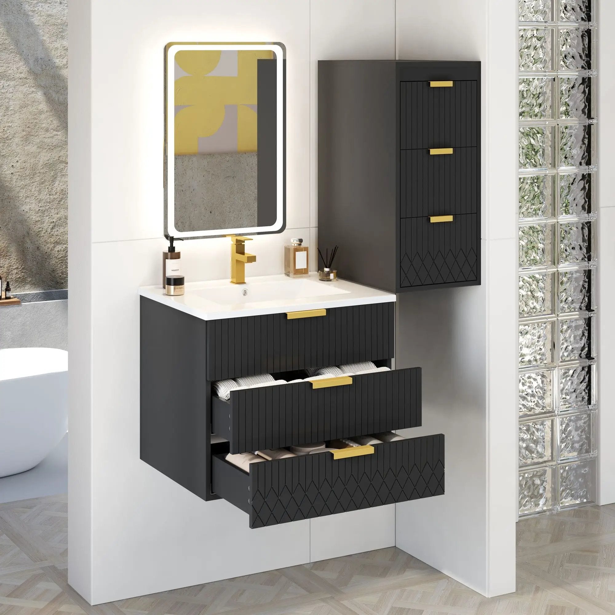 Wall Mounted Floating Cabinet With Side Cabinet Combo, Rectangular Ceramic Sink Vanity by Unique Piece Furniture