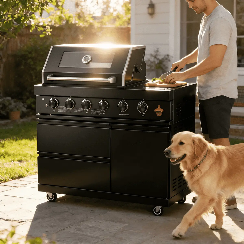46" Four Burners Black Outdoor Kitchen Islands Grill + Side Burner by Chery Industrial
