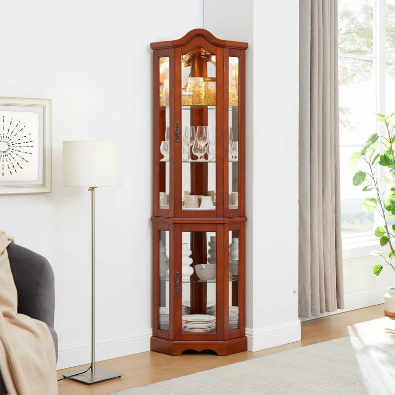 Corner Curio Cabinet With Lights, Adjustable Tempered Glass Shelves, Mirrored Back, Display Cabinet (E26 Light Bulb Not Included) - Walnut by Unique Piece Furniture