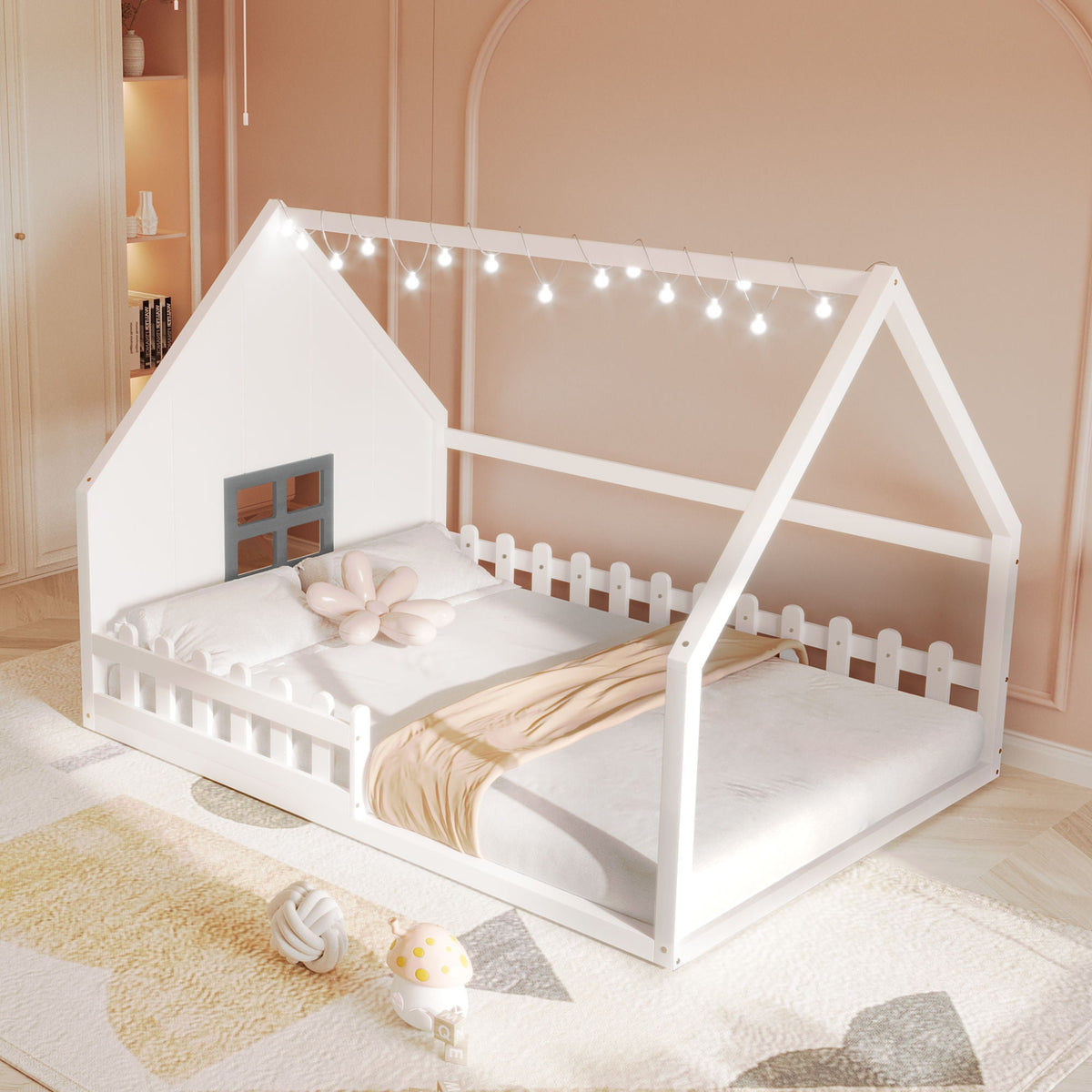 Full Size House Bed with Window and Fence - Solid Pine, photo 18 of 32