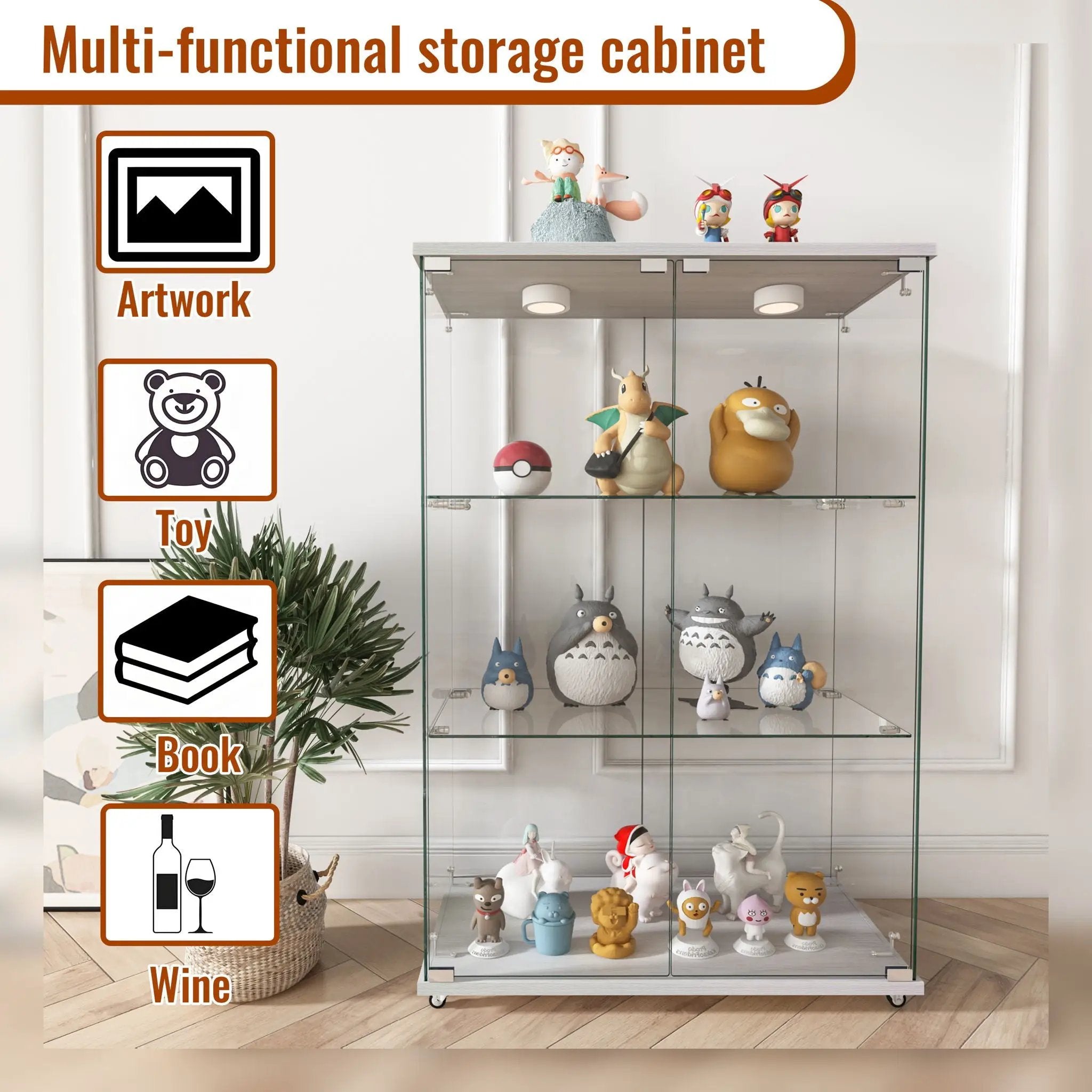Modern Display Cabinet With LED Lights, Transparent Tempered Glass 2 Door Storage Case With 3 Shelves by HouseOfZazla
