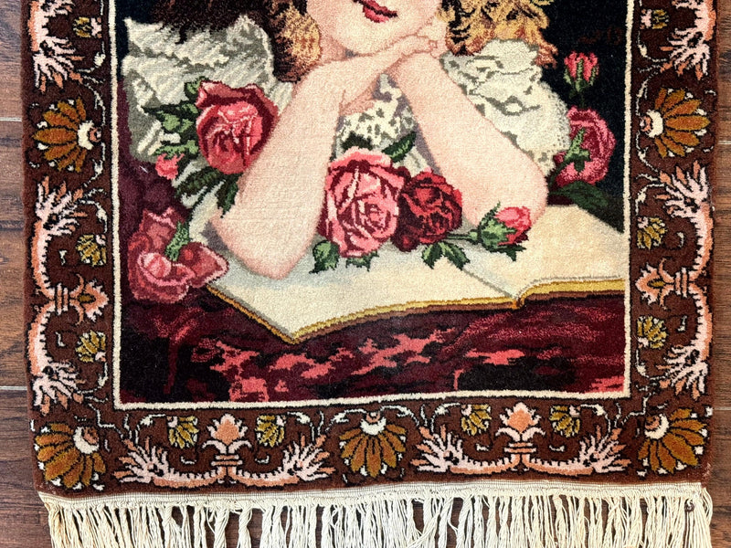 Small Persian Tabriz Pictorial Rug of Young Girl, Very Fine 380 KPSI, Portrait of Young Lady with Roses, Handmade, Persian Rug for Wall Hanging by Jewel Rugs