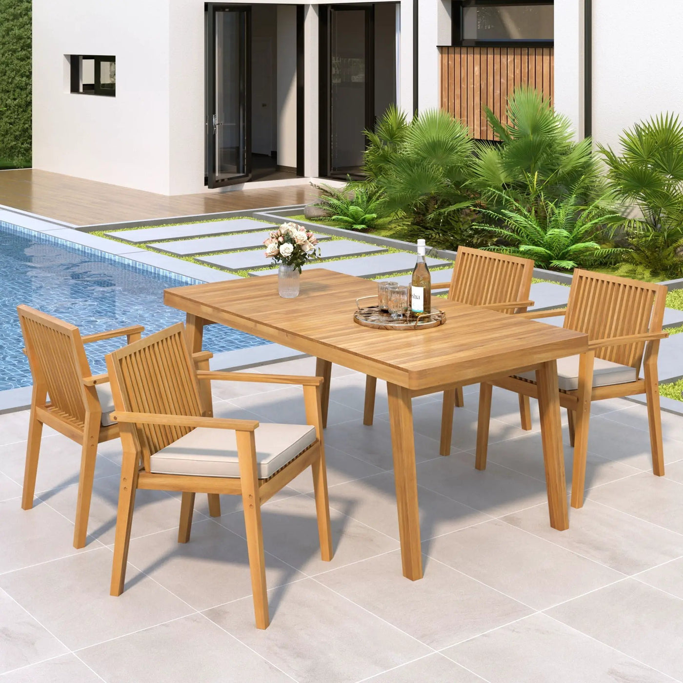 5 Piece Patio Furniture Set Acacia Wood Table And 4 Heavy Duty Cushioned Chairs by HouseOfZazla