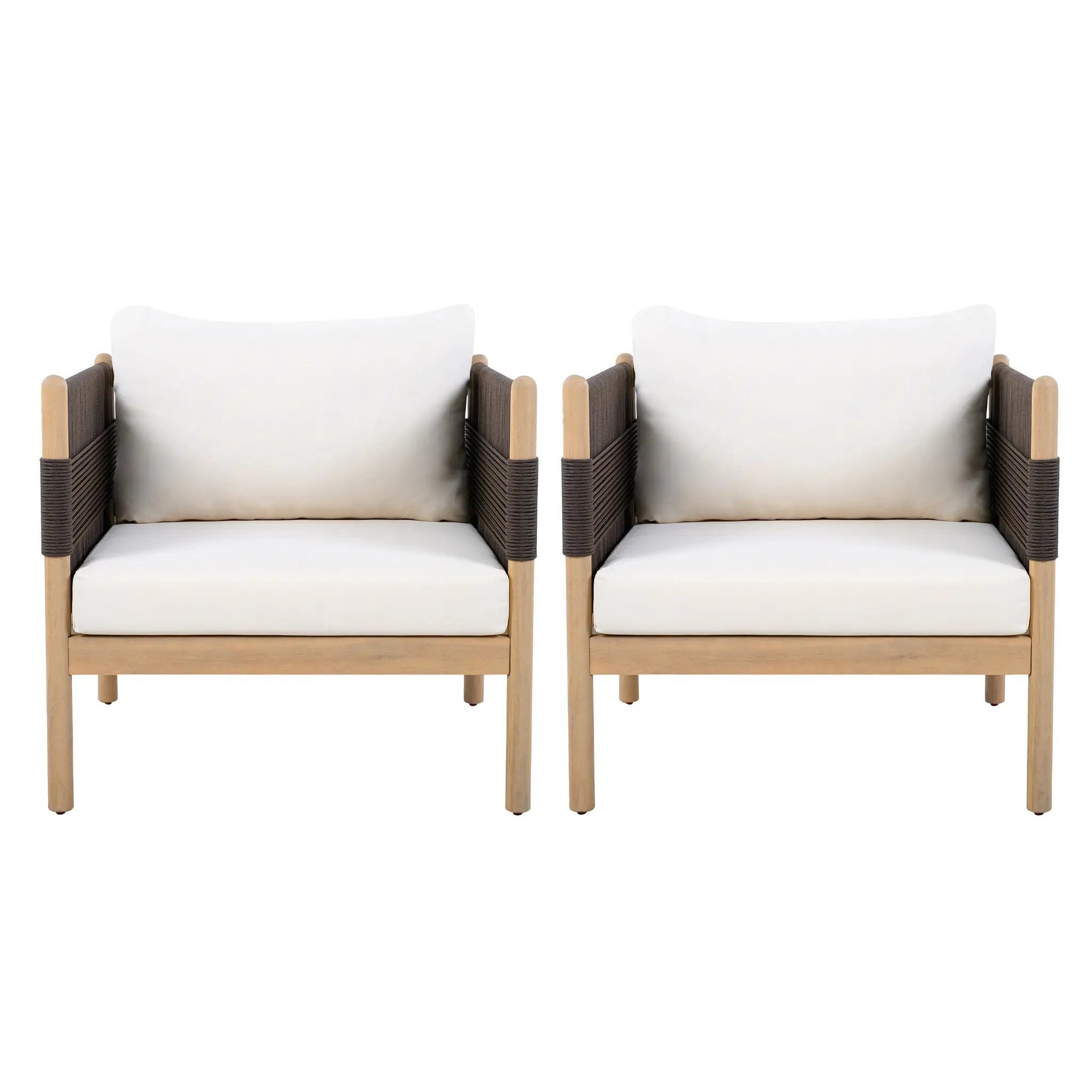 Outdoor Acacia Club Chairs (Set of 2) with Diamond-Pattern Black Rope, Light Teak Finish by HouseOfZazla