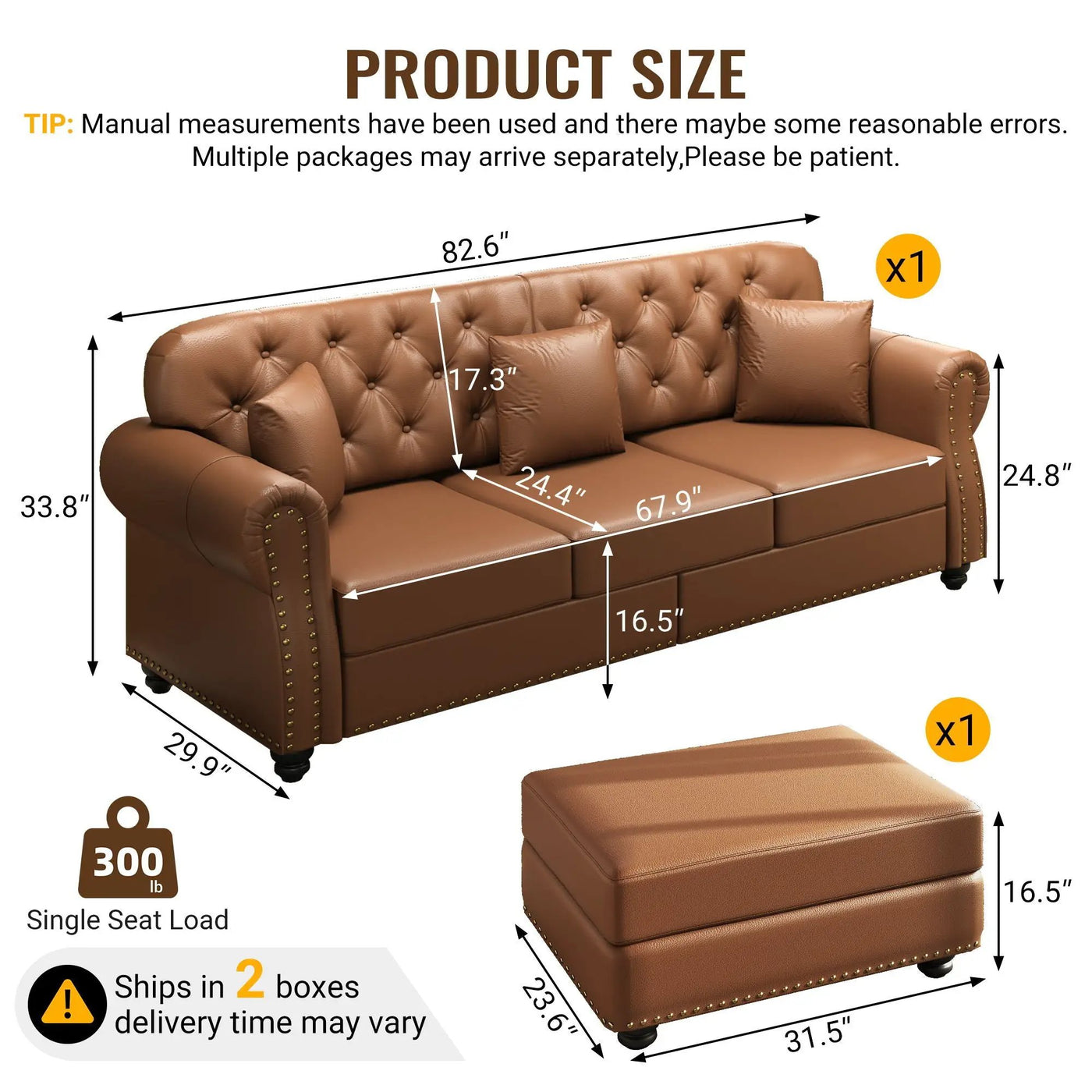 Upholstered Sofa With Nailhead Trim, Rolled Armrests With Ottoman by HouseOfZazla