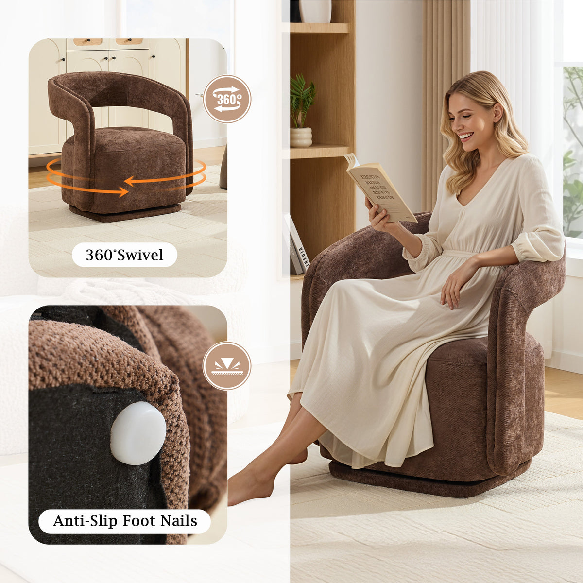 065-Chenille Fabric Swivel Accent Armchair, Comfy Barrel Leisure Chair With Curved Backrest, Upholstered Reading Chair With, photo 5 of 9