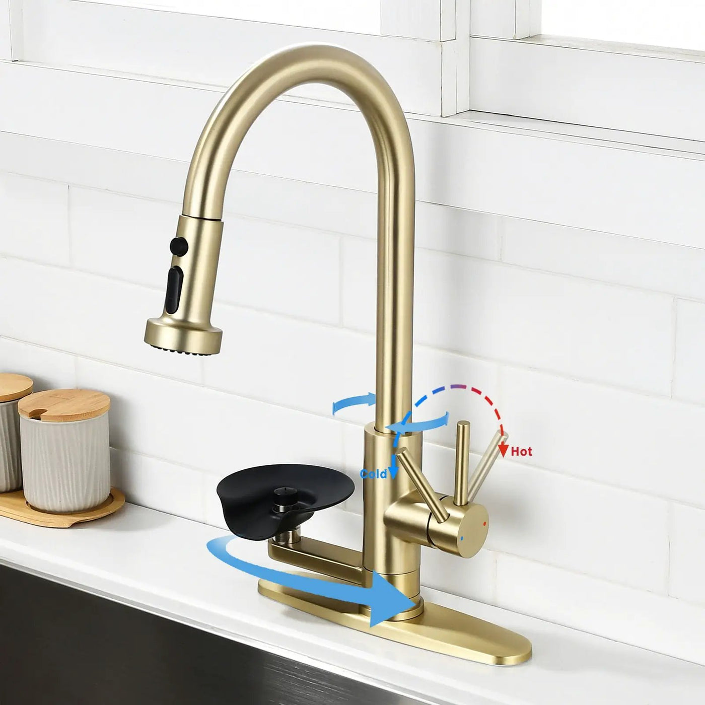 3 In 1 Kitchen Faucet With Press Type Glass Rinser, High Arc Pull Down Sprayer by HouseOfZazla
