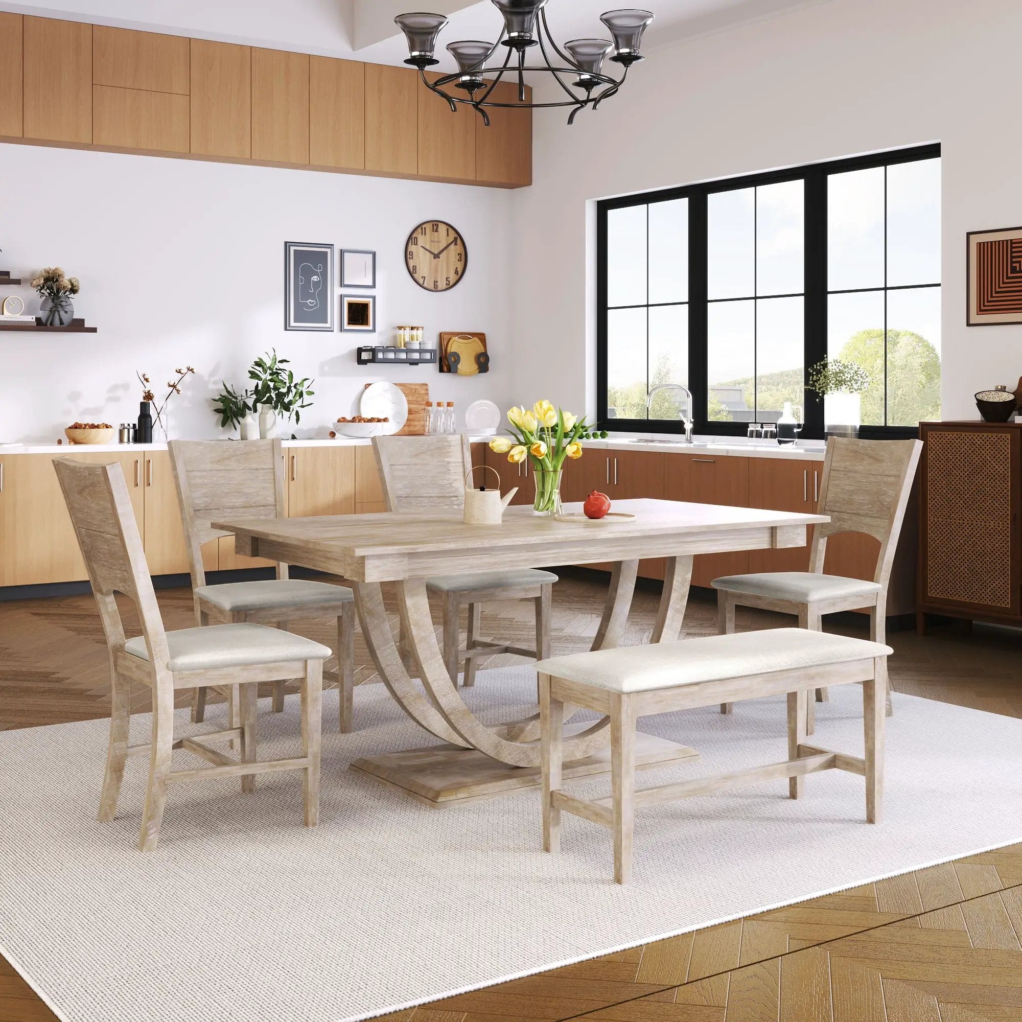 Topmax - 6 Piece Wood Half Round Dining Table Set Kitchen Table Set With Long Bench And 4 Dining Chairs, Modern Style by HouseOfZazla