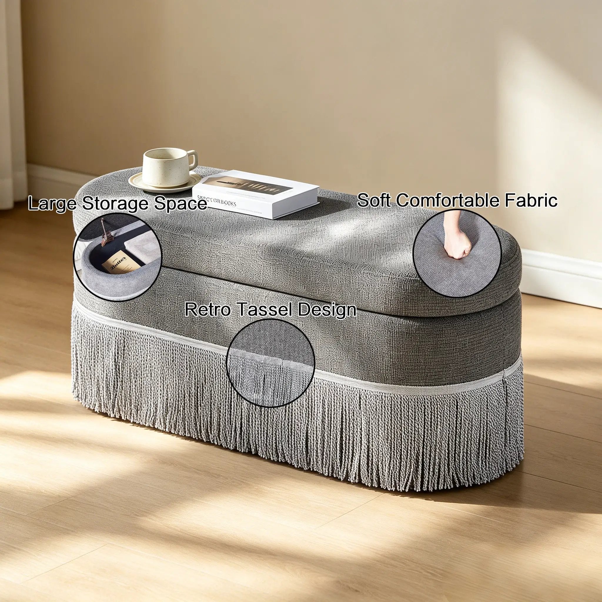 Oval Upholstered Storage Ottoman with Fringe Trim by HouseOfZazla