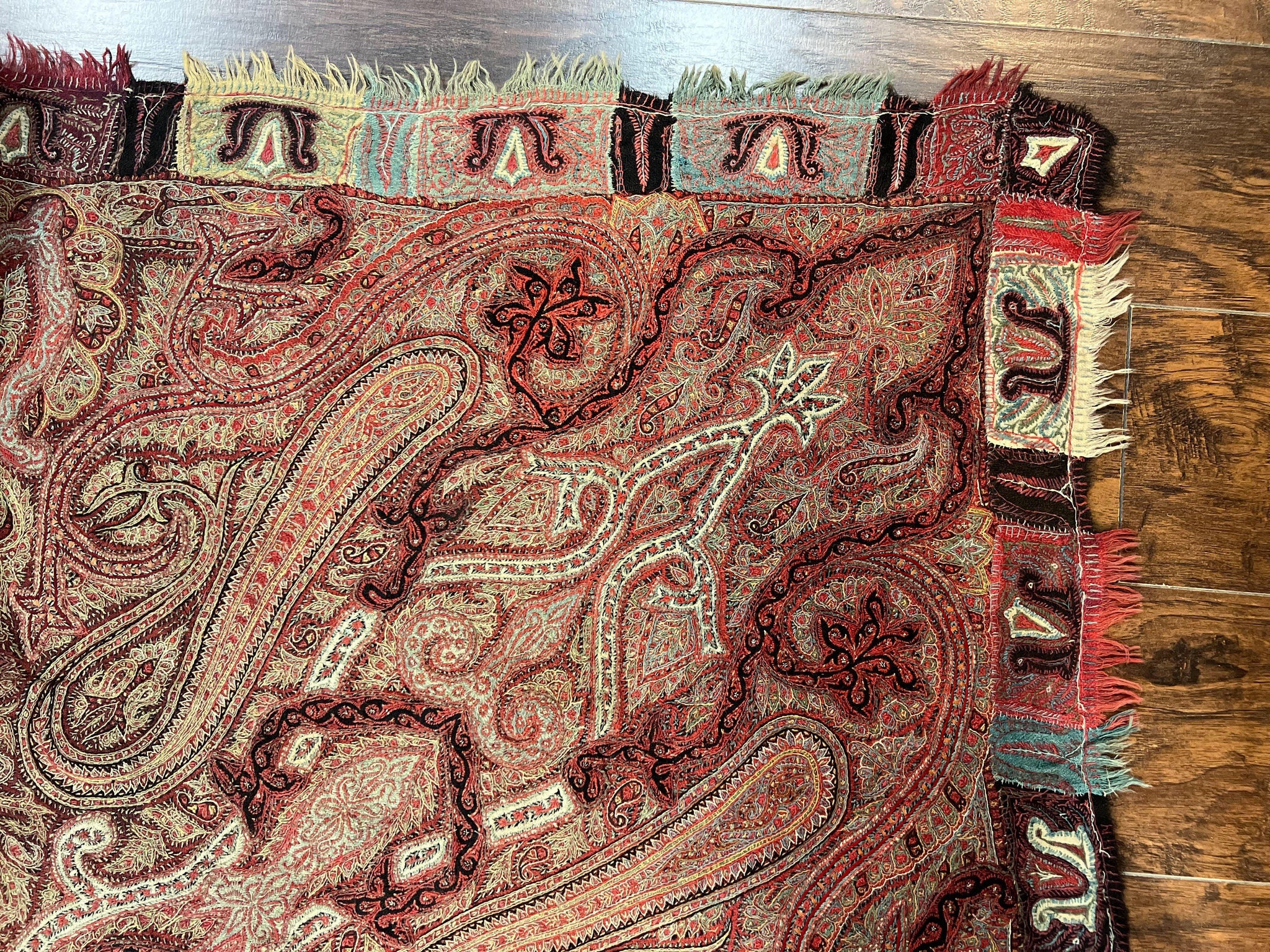 Antique Indian Kashmiri Shawl, Needlework, Signed By Masterweaver, Handmade, Rare by Jewel Rugs