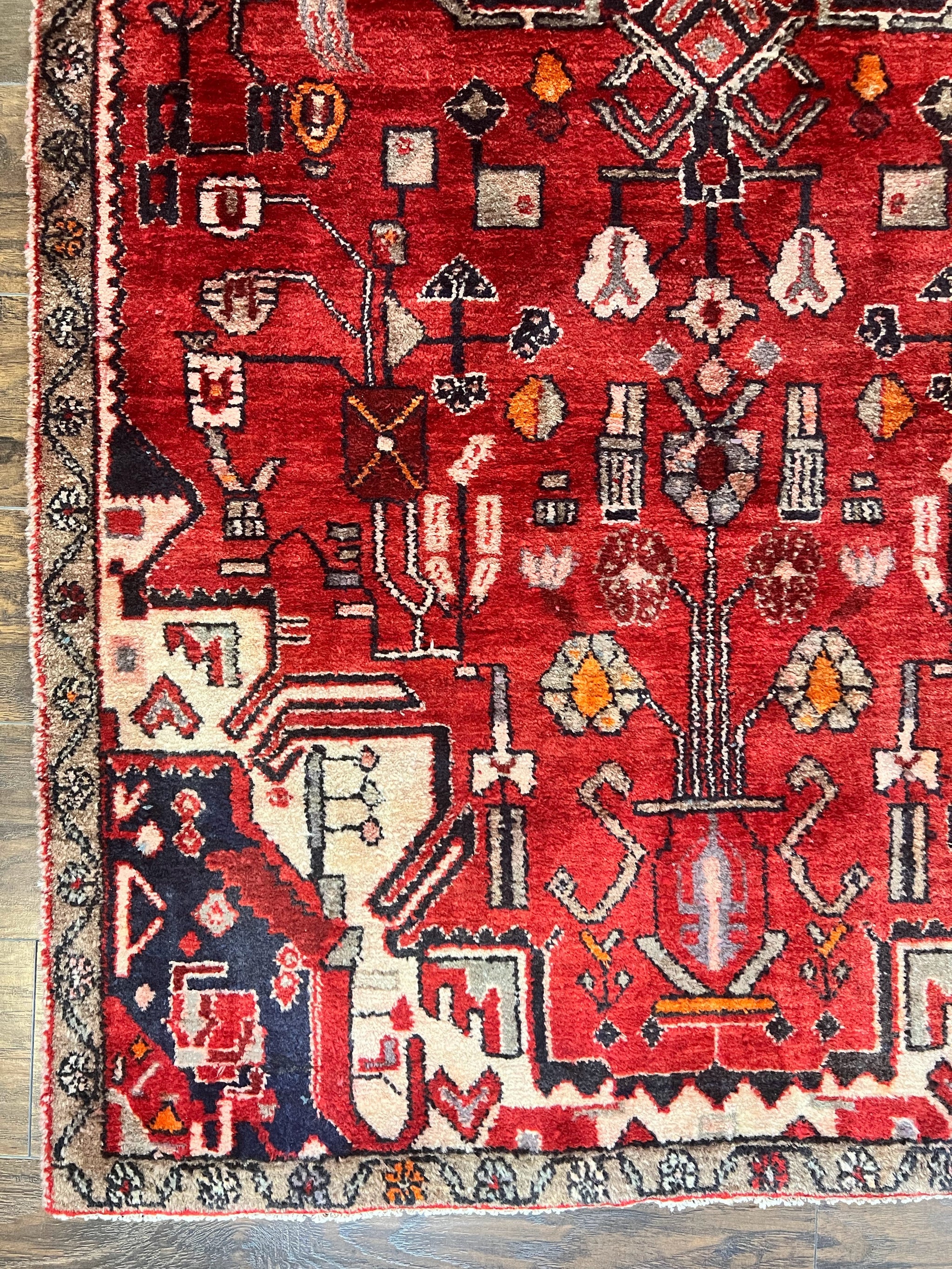 Antique Persian Tribal Rug 4 x 8, Geometric Medallion, Boho Rug, Wool Handmade Rug, Red 4x8 Rug, Persian Hamadan Rug by Jewel Rugs