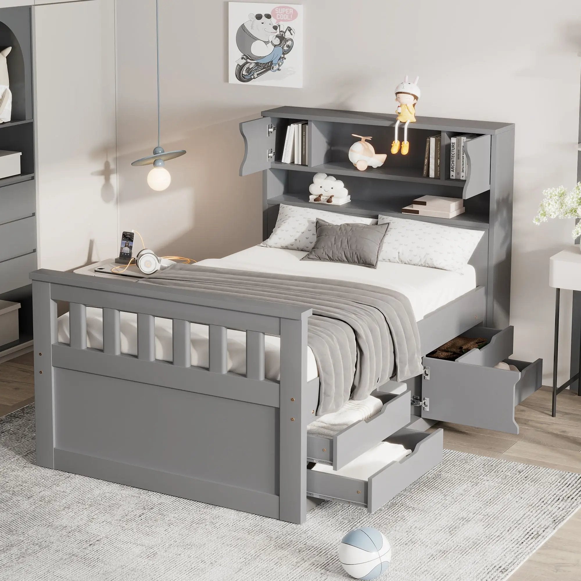 Captain Platform Bed Frame With Storage Bookcases, Shelves, And 4 Drawers by Unique Piece Furniture